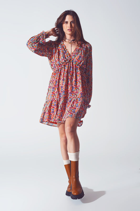 Q2 Mini Vestido Floral em V Pescoço em Multicor