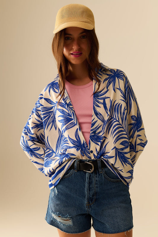 Q2 Motivo Tropical Blusa Relaxada em Azul e Branco