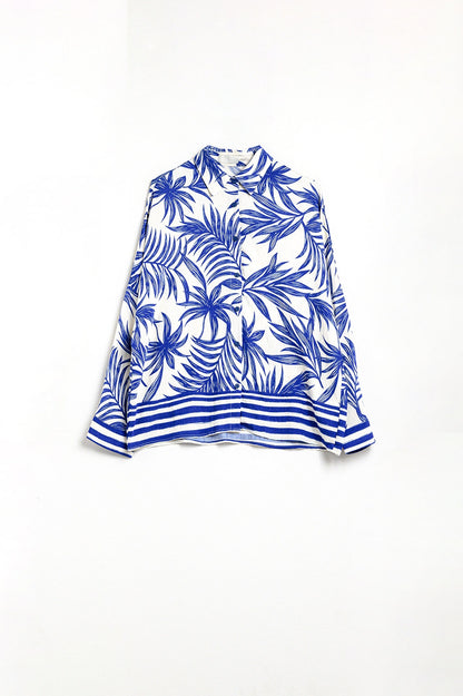 Motivo Tropical Blusa Relaxada em Azul e Branco