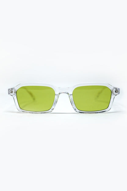 Q2 Óculos de sol rectangulares de acetato espesso com armação transparente e lente verde fumada