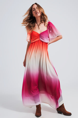 Vestido longo com decote coração ombré em fúcsia