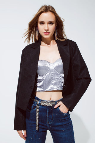 Blazer Cropped Oversized Design Vichy E Detalhes Metálicos Em Preto