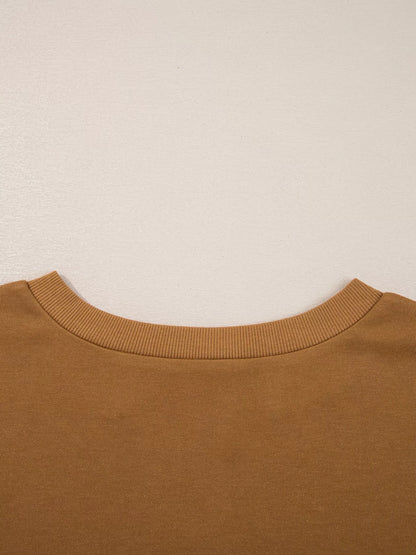 Back view of Oversized Textured Split Neck High Low Sweatshirt in warm brown for a relaxed style