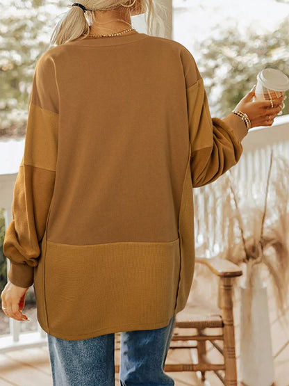 Oversized Textured Split Neck High Low Sweatshirt in earthy tones for a relaxed casual look