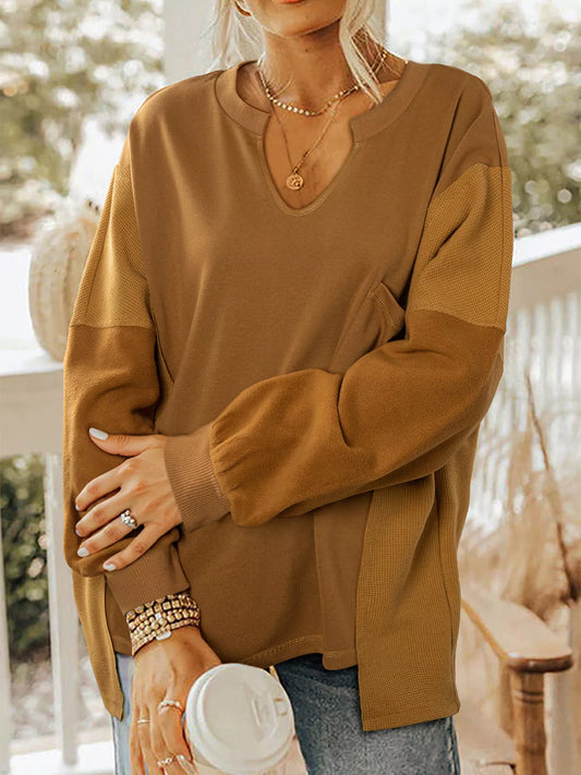 Oversized Textured Split Neck High Low Sweatshirt in Brown for a Stylish and Comfortable Look