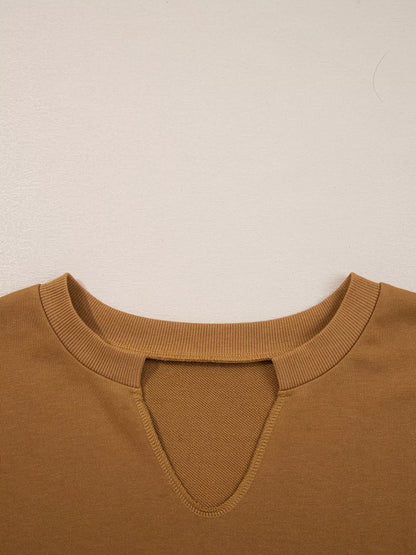 Oversized Textured Split Neck High Low Sweatshirt in a warm brown colour with a unique neckline design
