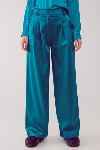 Palazzo pleated pants in turquoise