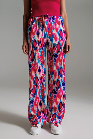 Palazzo Style Pants in Abstract Pink and Blue Print