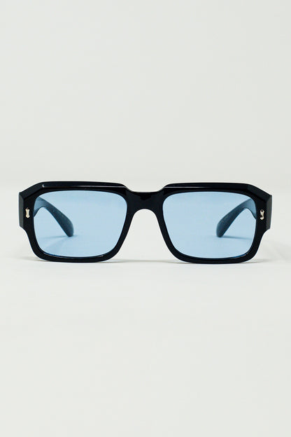 Q2 Rectangular Black Frame Sunglasses With Blue Lenses