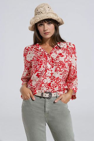 Relaxed red Floral Print Blouse With Bell Sleeves
