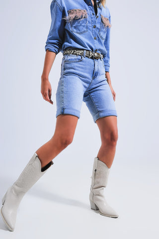 Roll hem denim short in mid blue