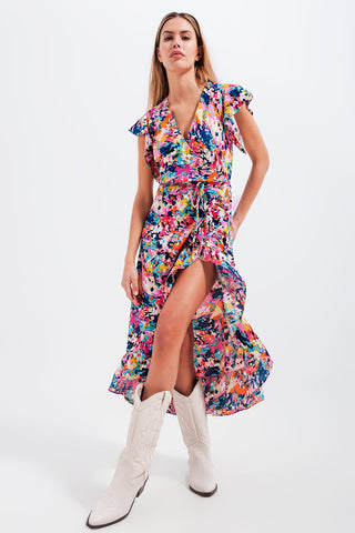 Vestido longo envelope com babados em floral azul
