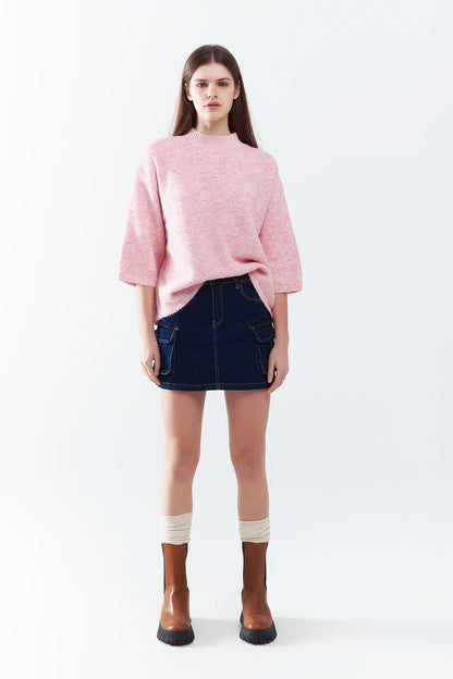 Saia Cargo Jeans em Lavagem Escura Com Costura Contrastante