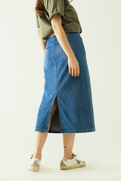 Saia de ganga midi com bolsos à frente