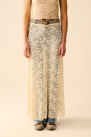 Saia longa de renda bege com design floral
