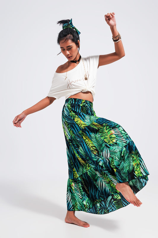 Q2 Saia longa em verde com estampas tropicais