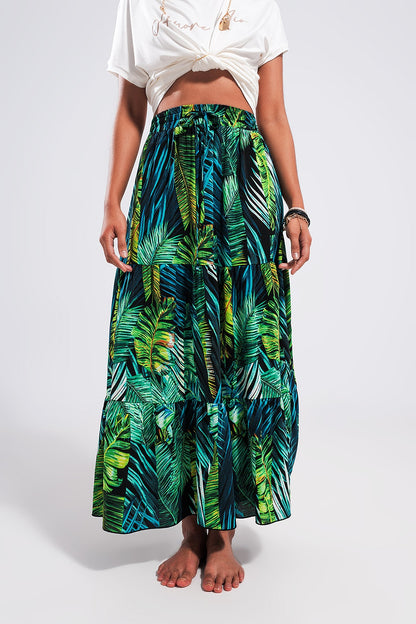 Saia longa em verde com estampas tropicais