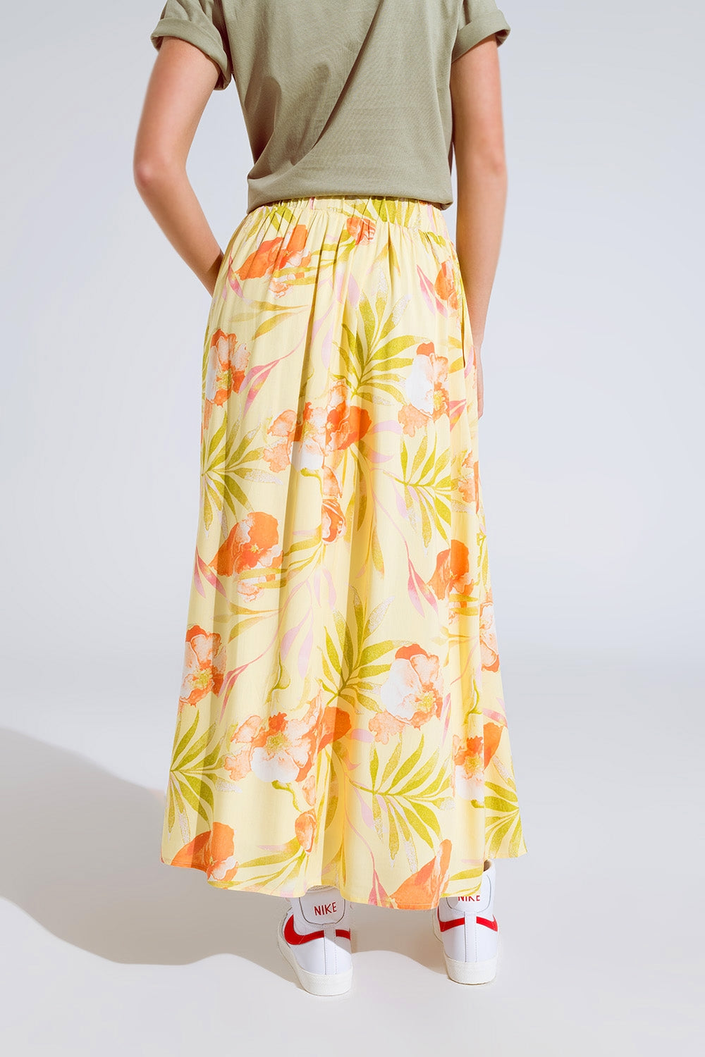 saia maxi amarela com estampa tropical