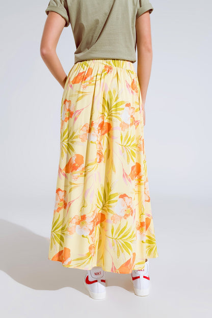 saia maxi amarela com estampa tropical