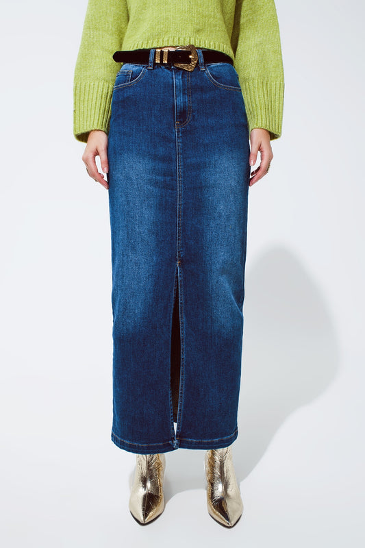 Q2 Saia Maxi de Denim Elástico com Fenda na Frente em
