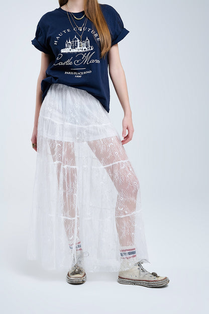 Q2 saia maxi de renda branca com estampado floral