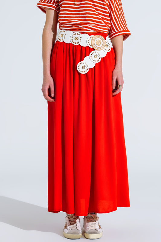Q2 Saia maxi em tecido fluido vermelho com cintura elástica