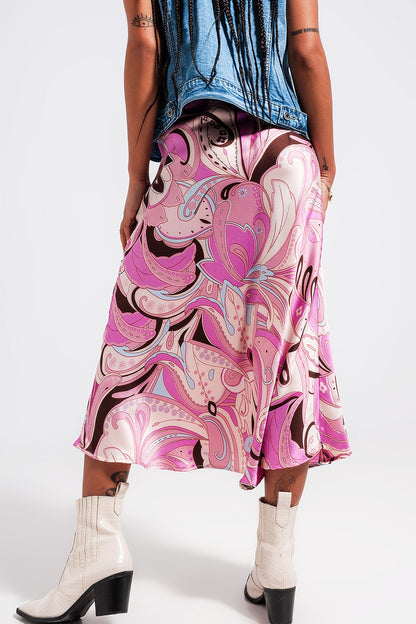 Saia midi com impressão abstrata cor de rosa