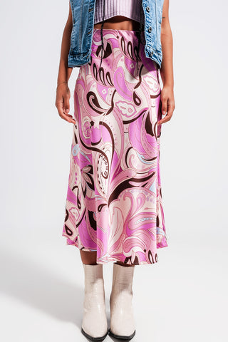 Saia midi com impressão abstrata cor de rosa