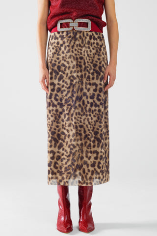 saia midi comprida com estampado de leopardo