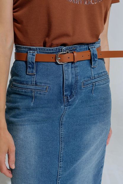 Saia Midi em ganga azul com abertura frontal