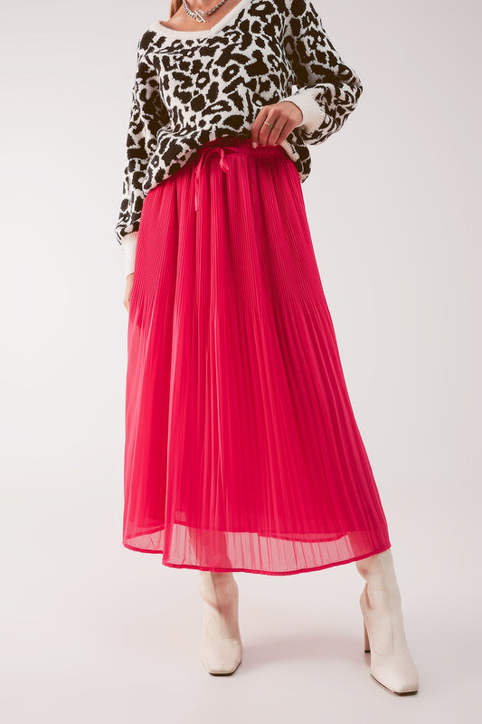 Q2 Saia midi plissada de chiffon em fúcsia