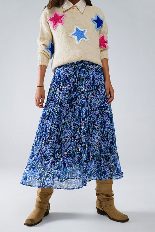Saia midi plissada em azul com estampado abstrato e carcela de botões
