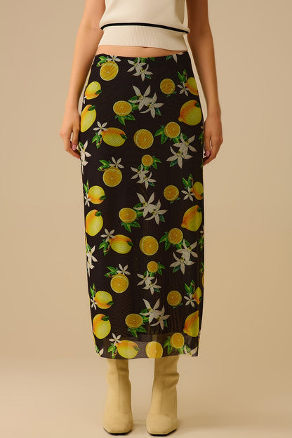 Q2 Saia midi preta com estampado de limão em tecido de malha