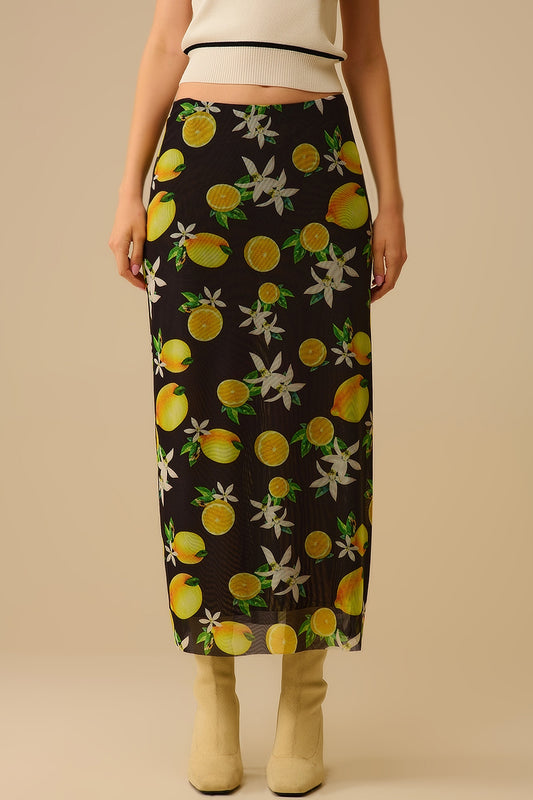 Q2 Saia midi preta com estampado de limão em tecido de malha