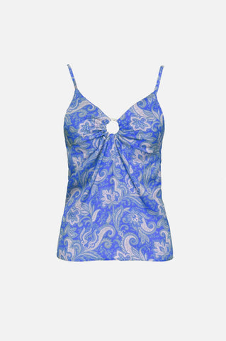 Top de cetim com estampa paisley em azul