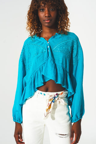 Top cropped franzido com bordado em azul