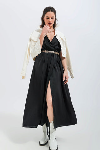 Vestido longo de cetim manga curta preto