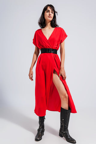 Vestido longo de cetim manga curta vermelho