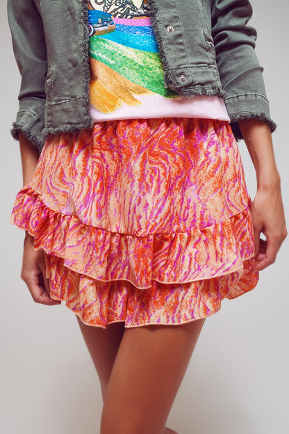 Shorts com barra franzida em estampa de zebra abstrata em laranja e fúcsia