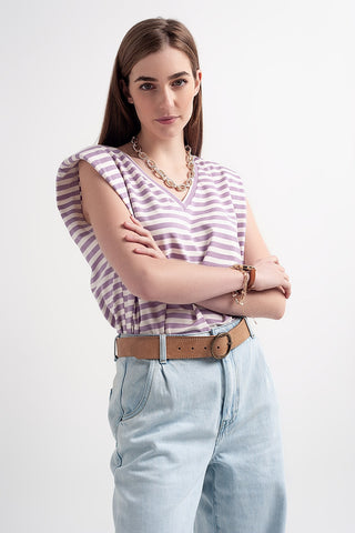camiseta sem manga com ombreira listrada roxa