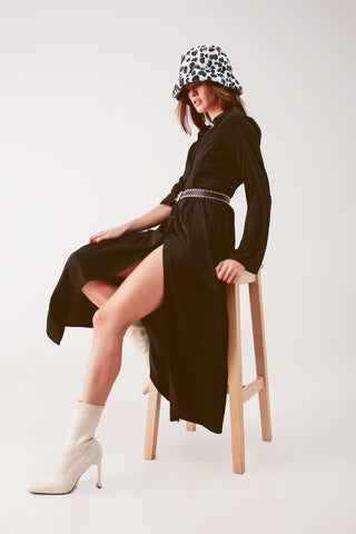 Vestido longo estilo camisa decotada desleixada em preto