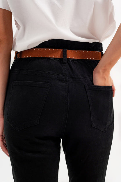 Jeans stretch paperbag cintura reta preto