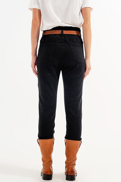 Jeans stretch paperbag cintura reta preto