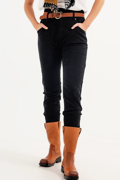 Jeans stretch paperbag cintura reta preto