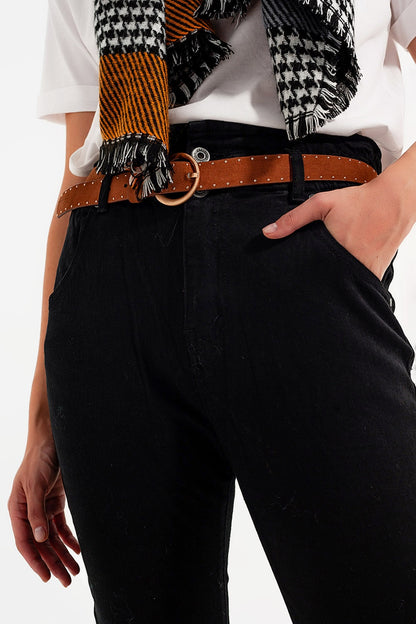 Jeans stretch paperbag cintura reta preto