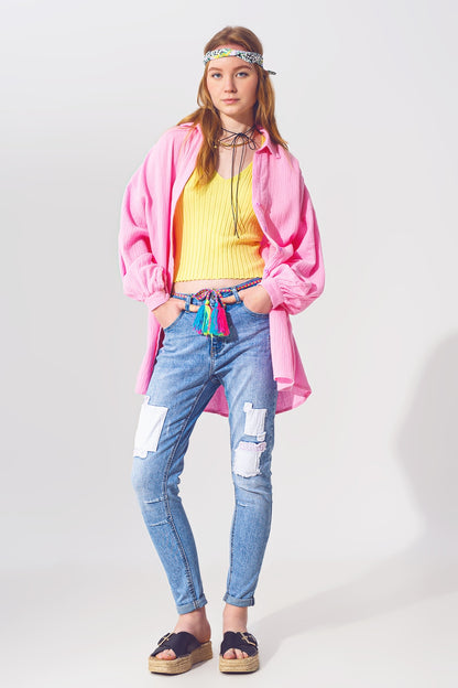 Stretch Skinny Jeans with Patches in Mid Wash and Belt Detail