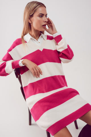 Vestido suéter listrado em fúcsia