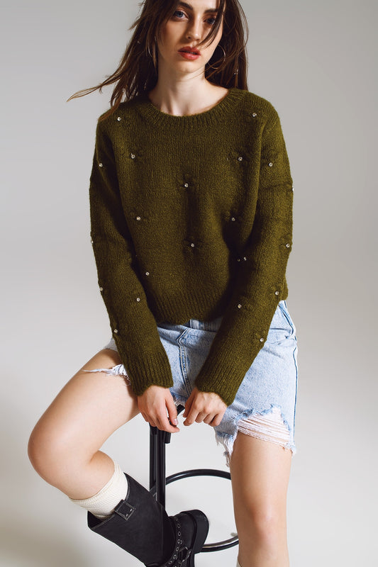 Q2 Camisola com Flores Tricotadas e Bordadas em Verde Escuro