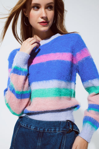 Suéter multicolor com listras em azul e rosa