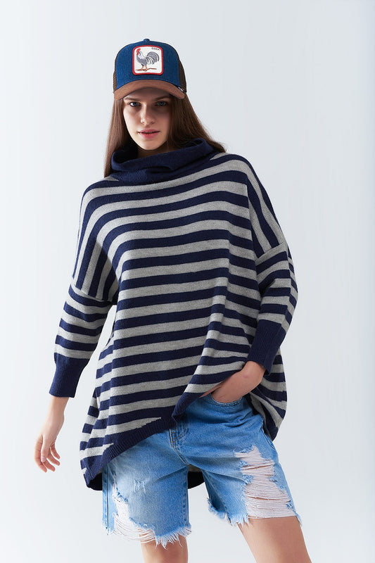 Q2 Suéter oversized de gola alta com asas de morcego e listras em azul marinho e cinza